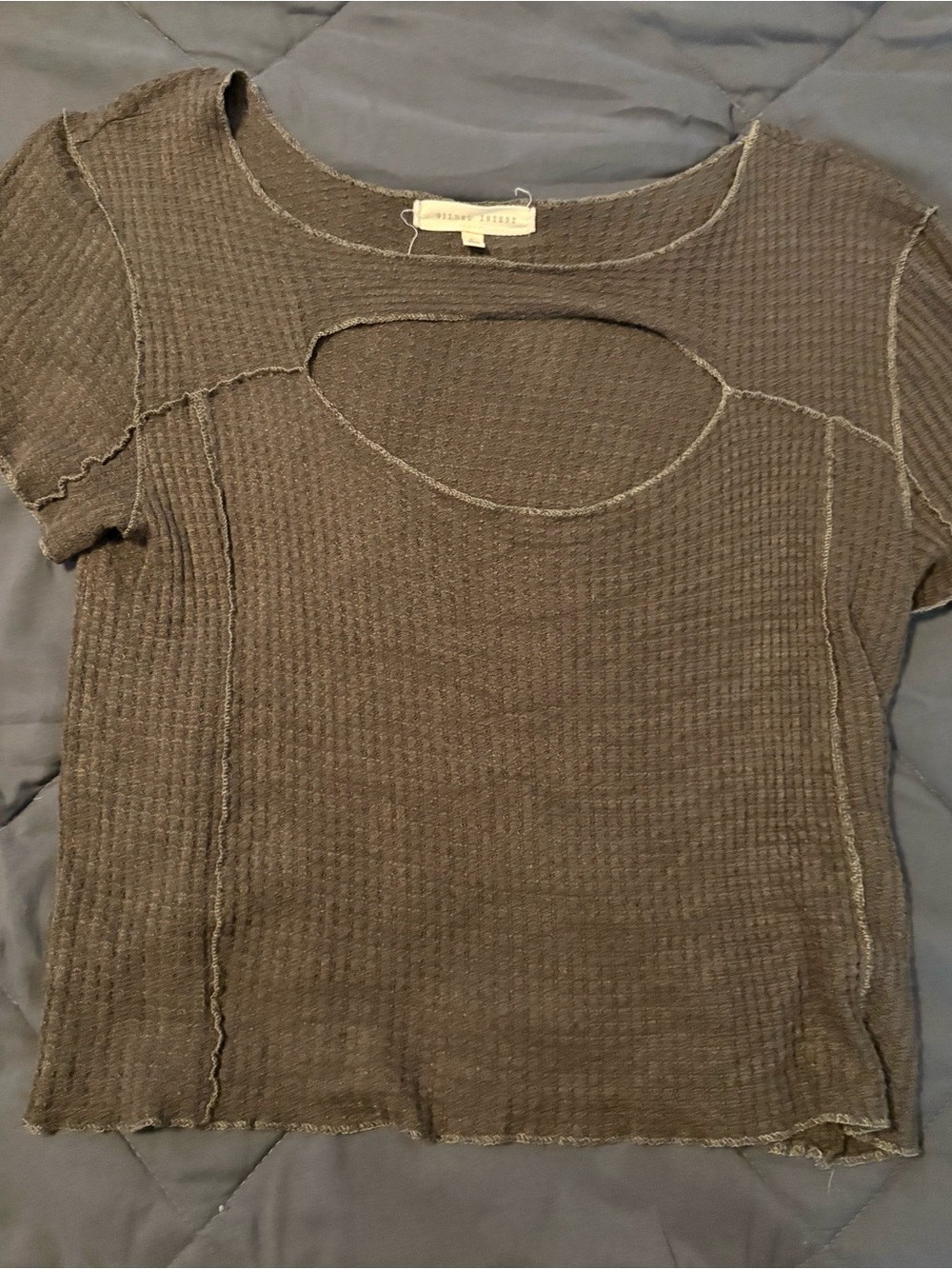 Gilded Intent Brown Waffle Knit Cutout Short-Sleeve Top